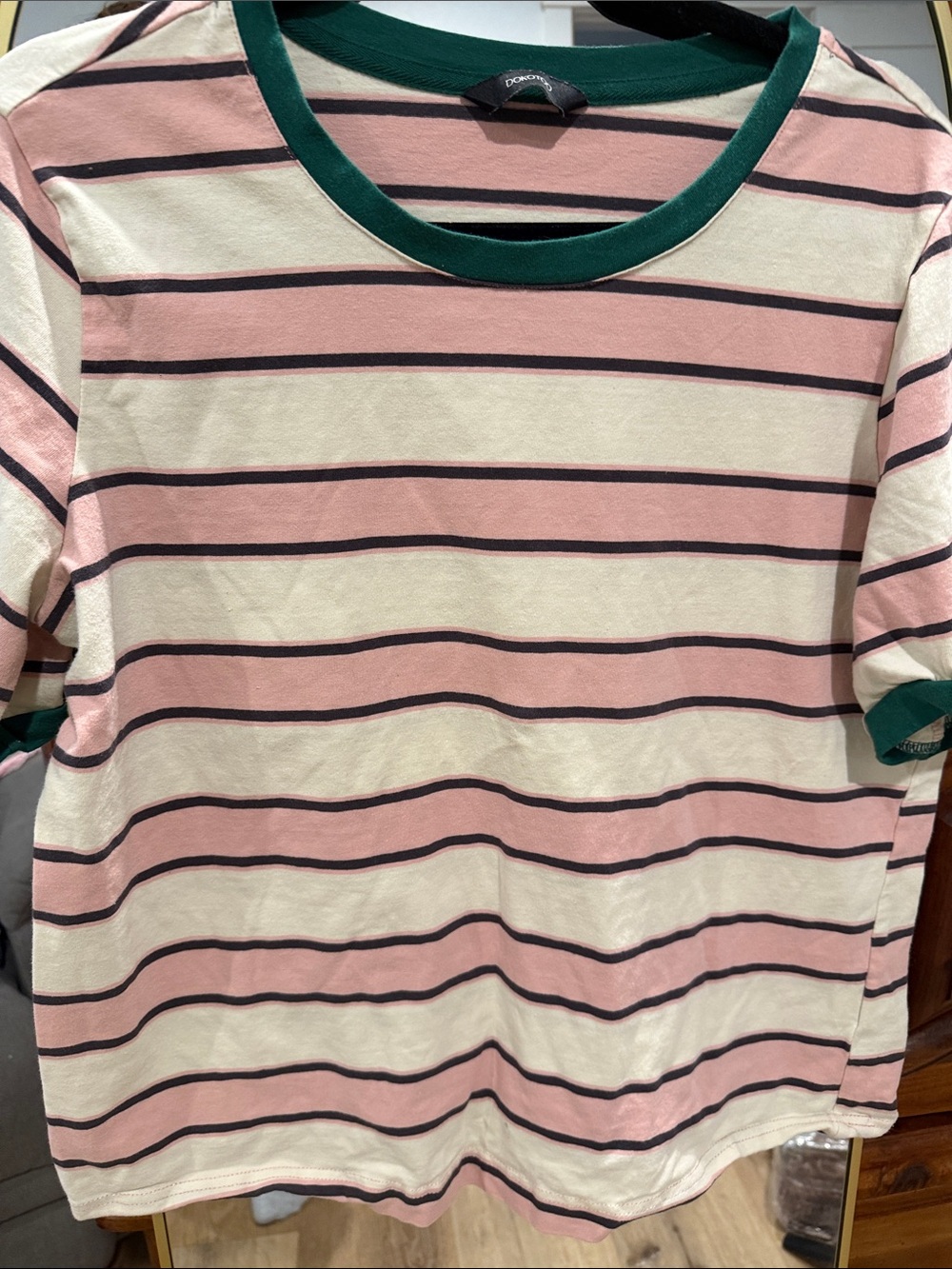 Women's Pink & Cream Striped Short Sleeve Tee with Green Trim